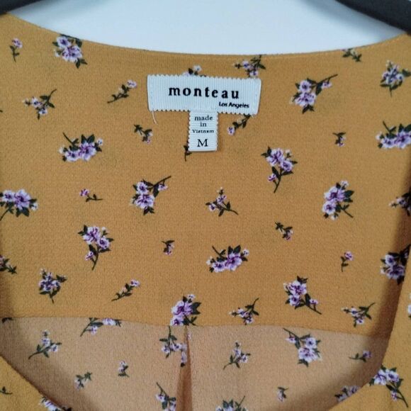 Monteau Womens Top Yellow Floral Ruffle Trim Short Sleeve Peplum Blouse Size M - Picture 2 of 8
